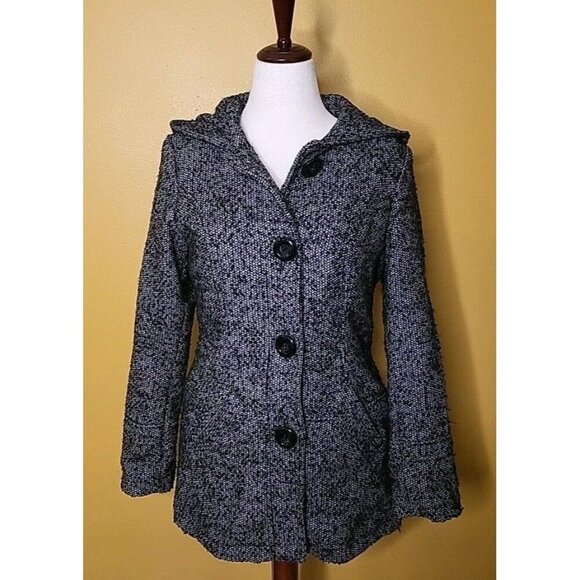 d.e.t.a.i.l.s. INTL Womens Pea Coat Medium Lined Hooded Button Up Black White - Picture 1 of 9
